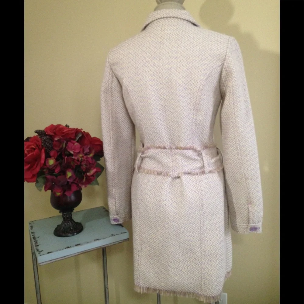 NEW Tulle Coat Lined Lightweight Lavender Accents Fringed Belt Wool Blend Medium - Picture 4 of 9